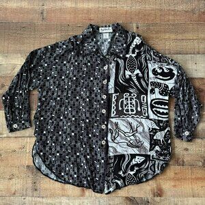 Vintage Key Lime Pie black and white abstract long sleeve button down -L